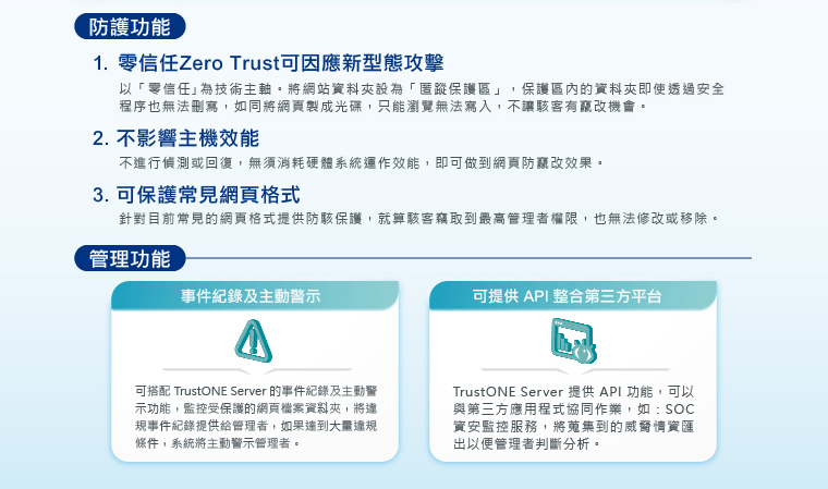 TrustONE防網頁竄改攻擊Zero Trust | 1. 零信任 Zero Trust可因應新型態攻擊 : 以「零信任」為技術主軸，將網站資料夾設為「匿蹤保護區」，保護區內的資料夾即使透過安全程序也無法删寫，如同網頁製成光碟，只能瀏覽無法寫入，不讓駭客有竄改機會。 2. 不影響主機效能 : 不進行偵測或回復，無須消耗硬體系統運作效能，即可做到網頁防竄改效果。 3. 可保護常見網頁格式 : 針對目前常見的網頁格式提供防駭保護，就算駭客竊取到最高管理者權限•也無法修改或移除。